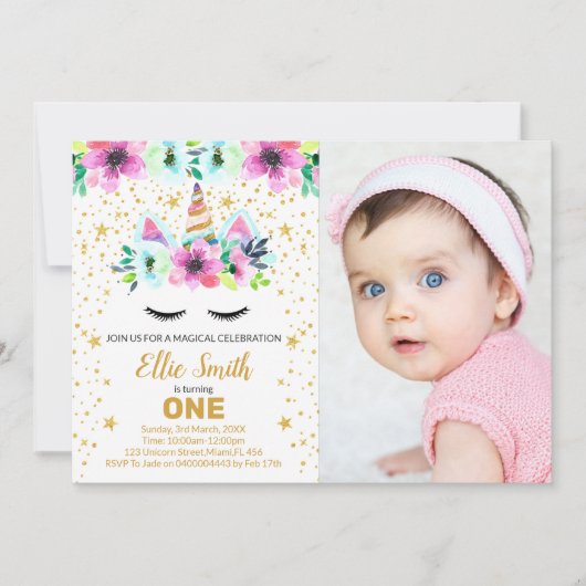 Groene en Roze Eenhoorn Verjaardag Uitnodiging met (Voorkant)