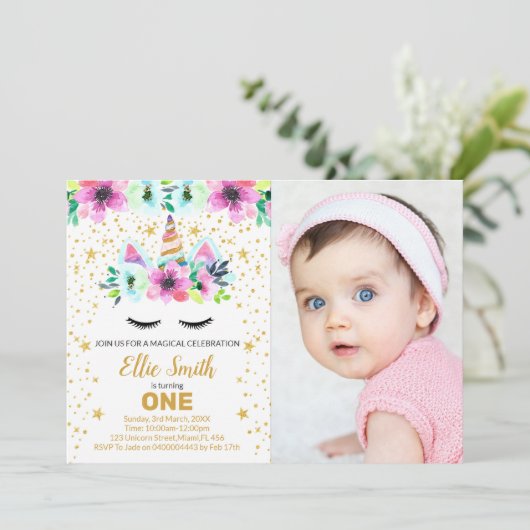 Groene en Roze Eenhoorn Verjaardag Uitnodiging met (Staand voorkant)