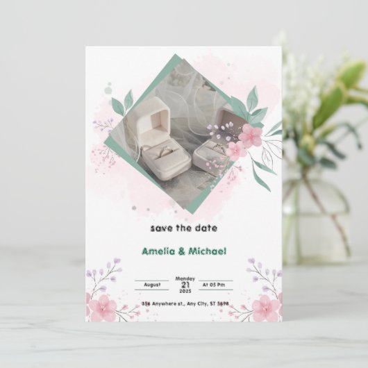Groene en Roze Eenvoudige 'Save the Date'-poster Kaart (Staand voorkant)