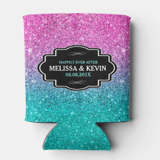 Groene en roze faux glitter aangepaste tekst blikjeskoeler (Achterkant)