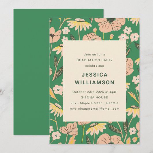 Groene en Roze Floral Graduation Party Kaart (Voorkant / Achterkant)