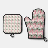 Groene en Roze Foliage Oven Mitt en Pothouders Ovenwant & Pannenlap Set (Voorkant)