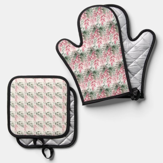 Groene en Roze Foliage Oven Mitt en Pothouders Ovenwant & Pannenlap Set (Voorkant / Achterkant)