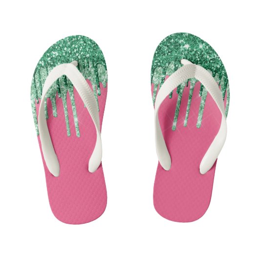 Groene en Roze Glanzende Glitter Druppelende Water Kinder Teenslippers (Voetbed)