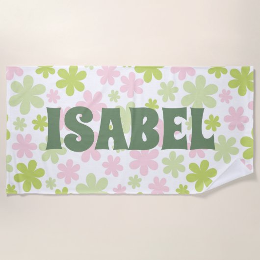 Groene en Roze Groovy Bloemen Custom Naam Strandlaken (Voorkant)
