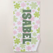 Groene en Roze Groovy Bloemen Custom Naam Strandlaken (Voorkant)