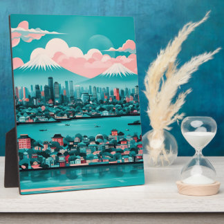 Groene en roze Japanse skyline Mount Fuji-illustra Fotoplaat