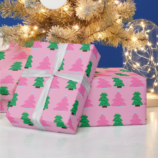 Groene en Roze Kerstbomen Cadeaupapier (Feestdagen)