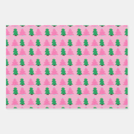 Groene en roze kerstbomen inpakpapier vel