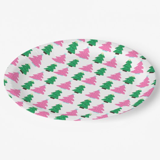 Groene en roze kerstbomen papieren bordje (Gekanteld)