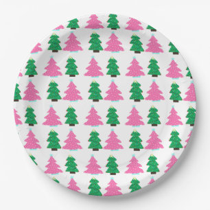 Groene en roze kerstbomen papieren bordje