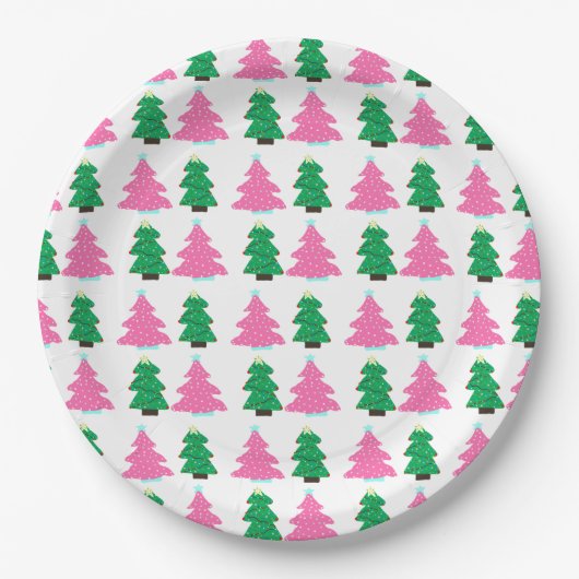 Groene en roze kerstbomen papieren bordje (Voorkant)