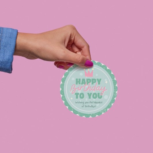 Groene en roze kleurrijke speelse verjaardagsgroet ronde sticker