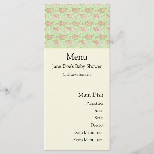 Groene en roze Paisley Menu Kaart (Voorkant)