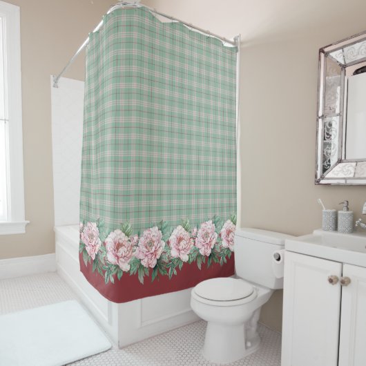 Groene en Roze Plaid Pioen Douchegordijn (In situ)
