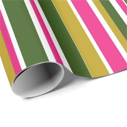 Groene en Roze Retro Stripe Cadeaupapier (Rol Hoek)