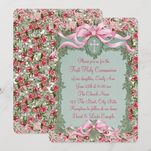 groene en roze roos eerste communie kaart (Voorkant / Achterkant)