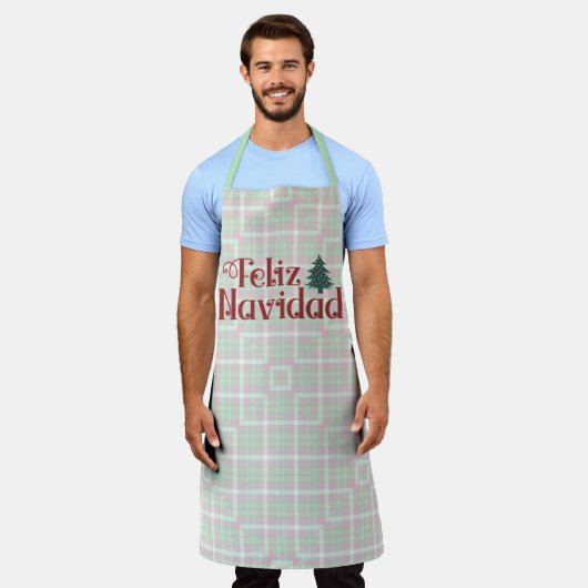 Groene en roze ruit Feliz Navidad Schort (Gedragen)