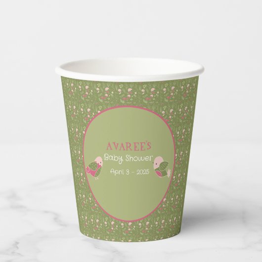 Groene en Roze Schattigee Vogels Baby shower Papie Papieren Bekers (Voorkant)