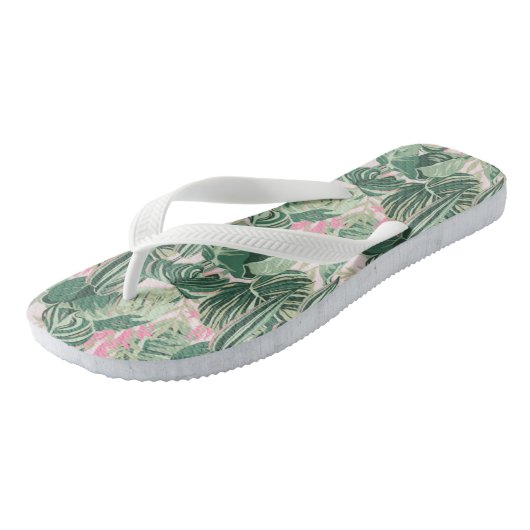 Groene en roze tropische bladeren | Happy Birthday Teenslippers (Schuin)