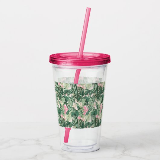 Groene en roze tropische bladeren | Monogram Caban Acryl Drinkbeker (Achterkant)