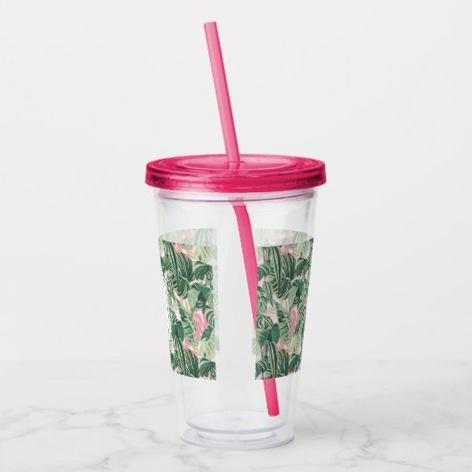 Groene en roze tropische bladeren | Monogram Caban Acryl Drinkbeker (Links)