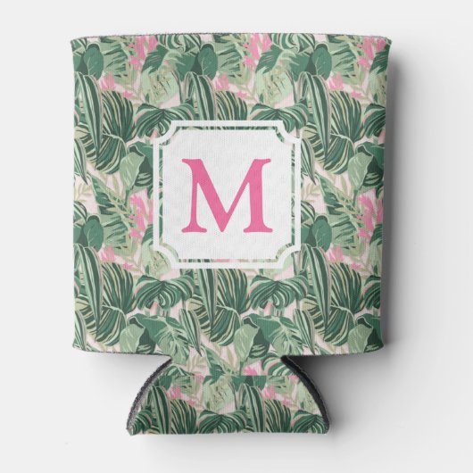 Groene en roze tropische bladeren | Monogram Caban Blikjeskoeler (Voorkant)