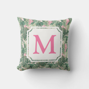 Groene en roze tropische bladeren   Monogram Caban Buitenkussen