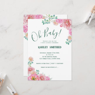 Groene en roze waterverf baby shower kaart