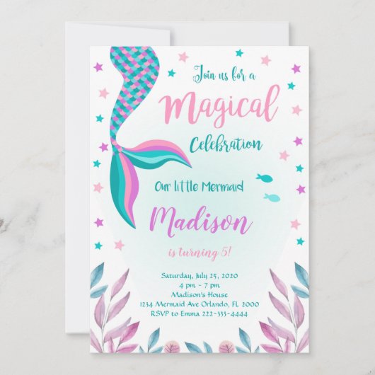 Groene en Roze Zeemeermin Verjaardag Uitnodiging (Voorkant)