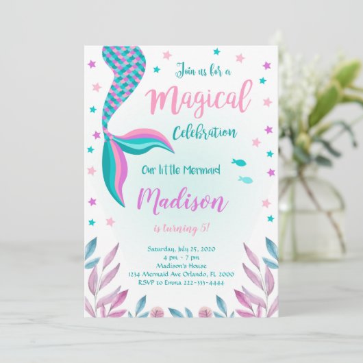 Groene en Roze Zeemeermin Verjaardag Uitnodiging (Staand voorkant)