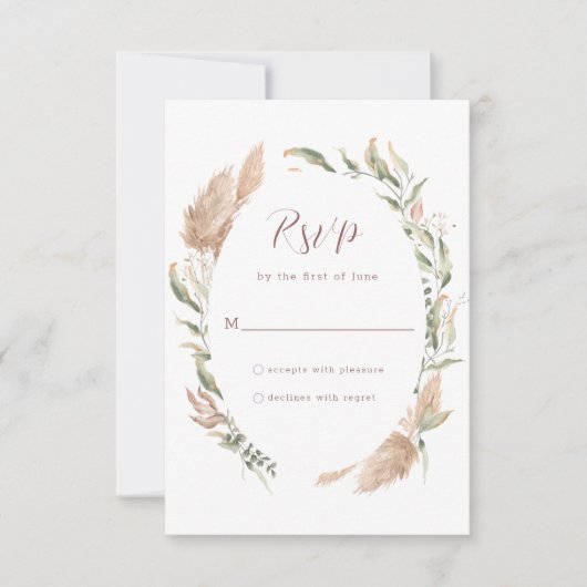 Groene en Tan Pampas Grass Bruiloft Reactie Kaarte RSVP Kaartje (Voorkant)