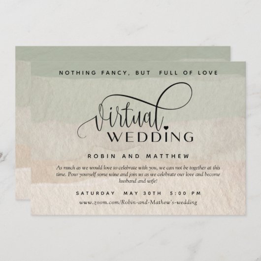 Groene en Tan-Waterverf, online virtuele bruiloft Kaart (Voorkant / Achterkant)