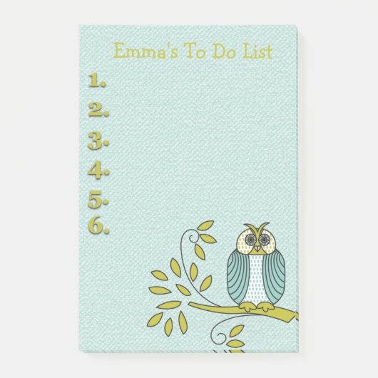 Groene en turquoise uil gepersonaliseerde takenlij post-it® notes (Voorkant)