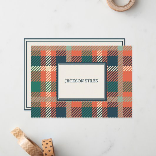 Groene en verbrande Oranje Tartanflatpanel-kaarten Notitiekaartje (Voorkant / Achterkant in situ)