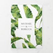 Groene en witte banaan bladeren tropische bruiloft drieluik uitnodiging (Cover)