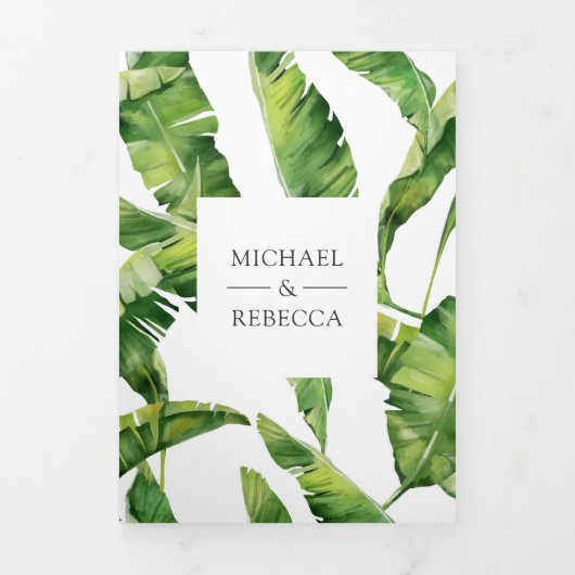 Groene en witte banaan bladeren tropische bruiloft drieluik uitnodiging (Cover)