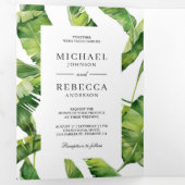 Groene en witte banaan bladeren tropische bruiloft drieluik uitnodiging (Binnenzijde eerst)