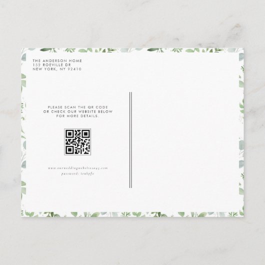 Groene en witte bloemen QR-code Bewaar de datum Aankondigingskaart (Achterkant)