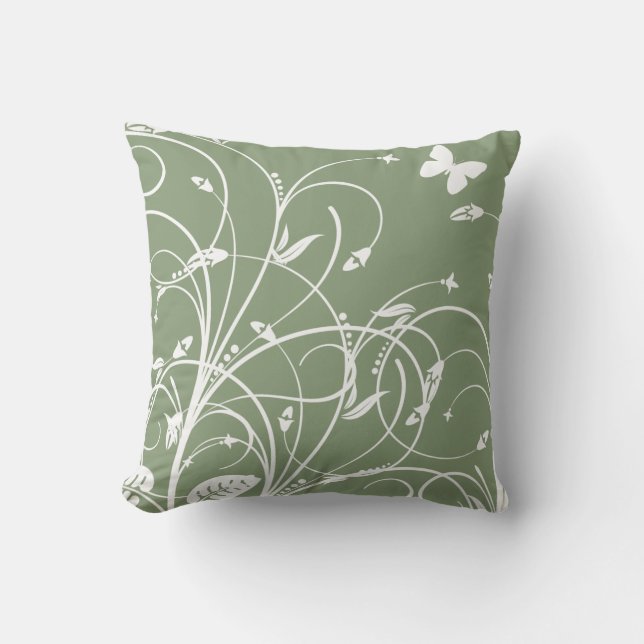 Groene en Witte Bloemengeworpen Kussen (Voorkant)