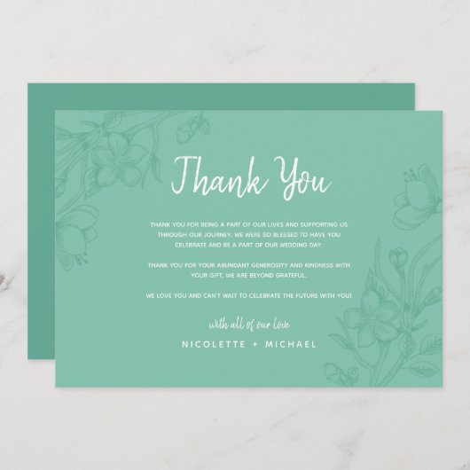 Groene en witte bloemige trouw- dankkaart kaart (Voorkant / Achterkant)