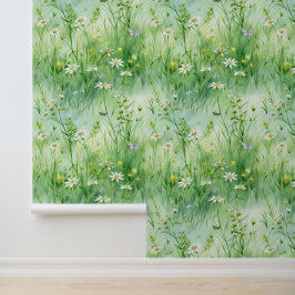 Groene en witte bloemige zomerschil en stok behang