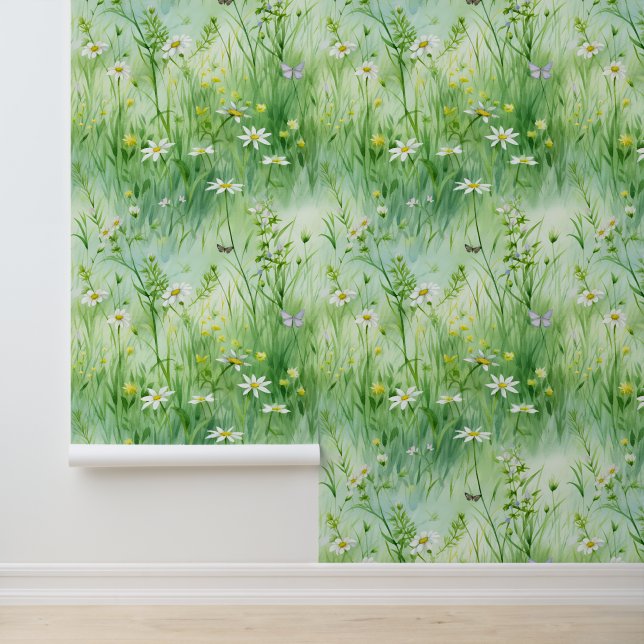 Groene en witte bloemige zomerschil en stok behang (Applicatie)