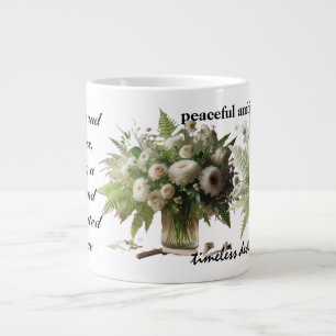 Groene en witte bloemstukken belichamen grote koffiekop