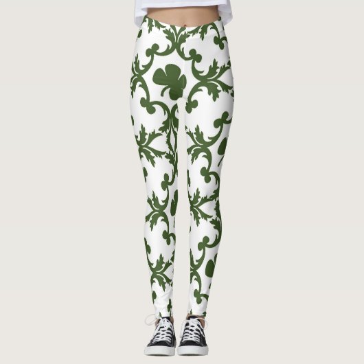 Groene en witte Damask met shamrocks Leggings (Voorkant)