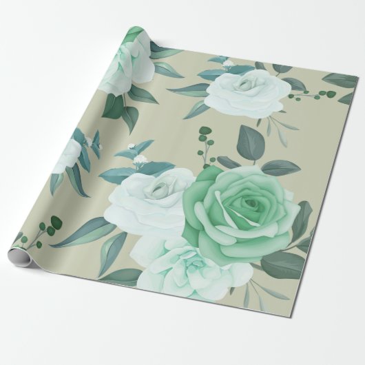 Groene en witte Floral Cadeaupapier (Uitgerold)