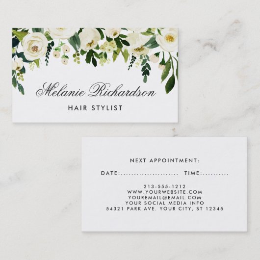 Groene en Witte Floral Hair Stylist Benoeming B Afsprakenkaartje (Voorkant / Achterkant)