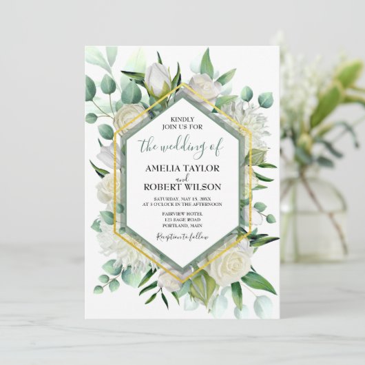 Groene en Witte Floral met Gold Lijst Kaart (Staand voorkant)