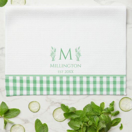 Groene en Witte Gingham Aangepaste Naam Monogram Theedoek (Gevouwen)