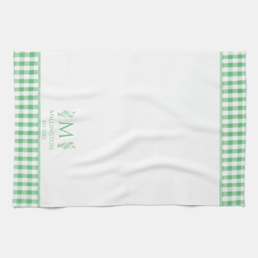 Groene en Witte Gingham Aangepaste Naam Monogram Theedoek (Horizontaal)